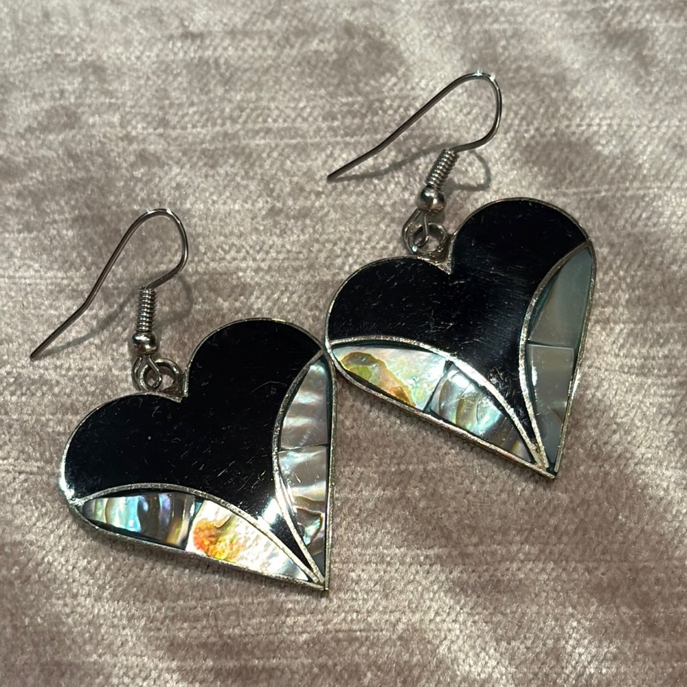 Vintage Hearts Black and Silver Inlay Abalone Mexican Earrings